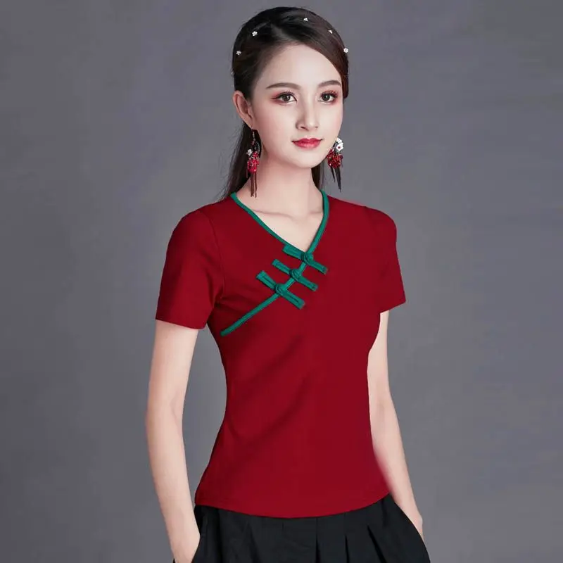 

2024 summer embroidery stitching slim chinese style embroidery t-shirt female national style new short-sleeved women's top