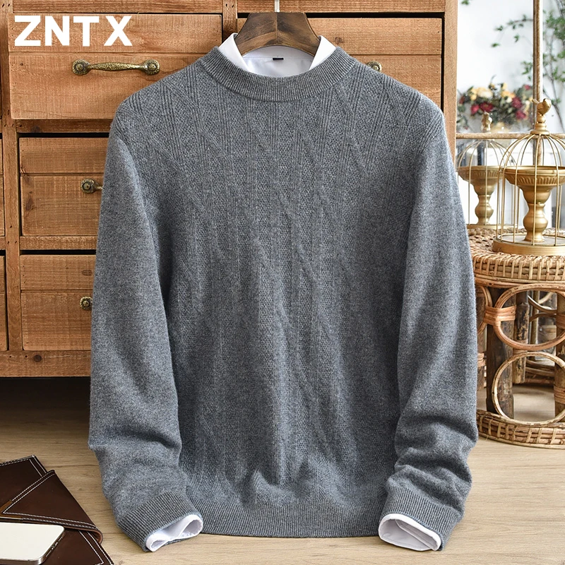 Autumn pure cashmere sweater for men, thick, oversized, high-end, loose, casual, diamond striped jacquard half high collar base