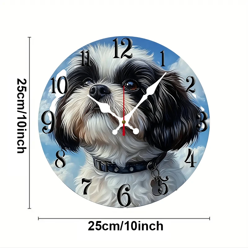 Shih Tzu Dog Design Wooden Round Silent Hanging Wall Clock, Suitable For Living Room,Office,Study Room, Bedroom, Home Decoration