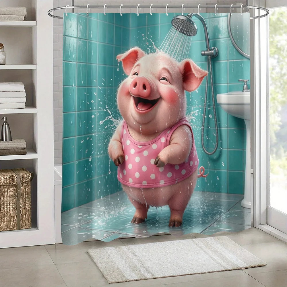 Lovely Pink Pig Shower Curtain, Piggy in Polka Dot Top, Green Tile Bathroom Scene, Waterproof Curtain for Home Bathroom Decor