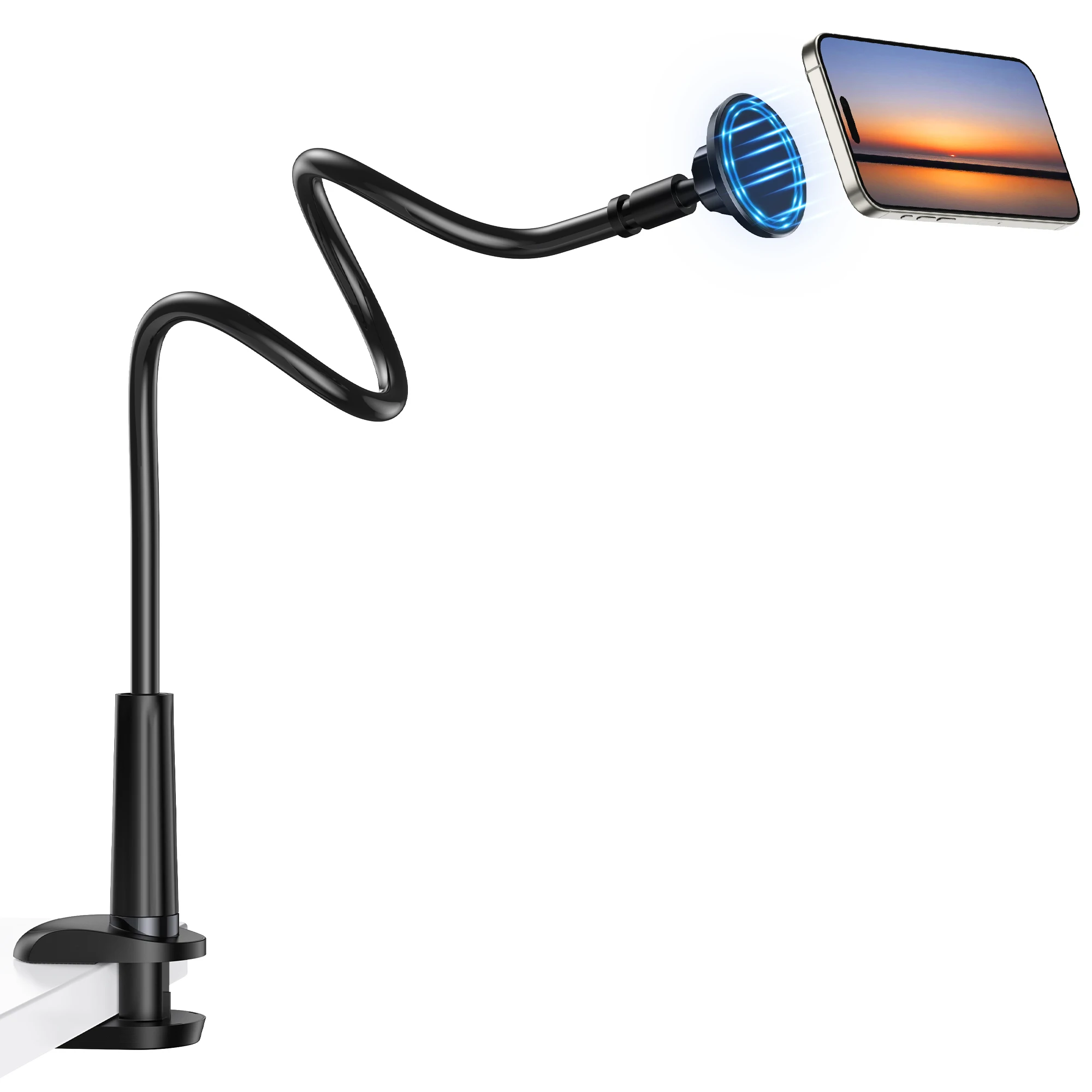 

Magnetic Gooseneck Phone Holder Mount for iPhone 16/15/14/13/12 - Magnetic Stand Tabletop Clamp 360°Rotation Adjustable for Offi