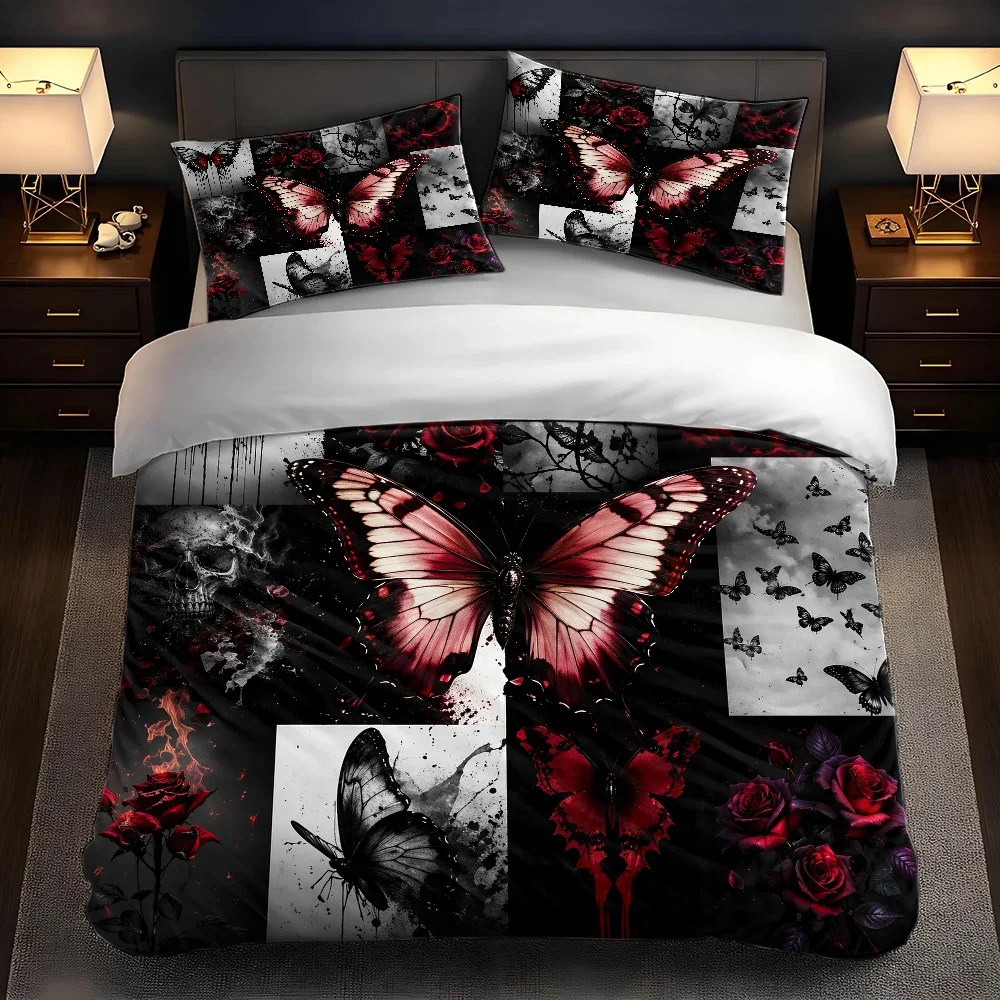 3Pc Dark Gothic Butterfly Rose Skull Duvet Cover Set, Bedding Set of Three Pieces (1*Duvet Cover + 2*Pillowcases), Gothic Style Red and Black Artistic Bedding, Suitable for All Seasons, Machine Washable, Invisible Zipper Design, Large Double Bed Cover, Suitable for Home, Dorm, Master Bedroom, Guest Room, Vintage Dark Aesthetic Bedding, Personalized Butterfly Rose Bedding Set, Skull and Flame Elements Duvet Cover Set, Trendy Dark Style Bedding Set