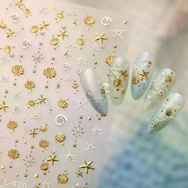 Gold Stamped Shell Conch Scallop Starfish Pearl 5D Embossed Self Adhesive Nail Art Stickers Delicate Ocean Style Manicure Decal