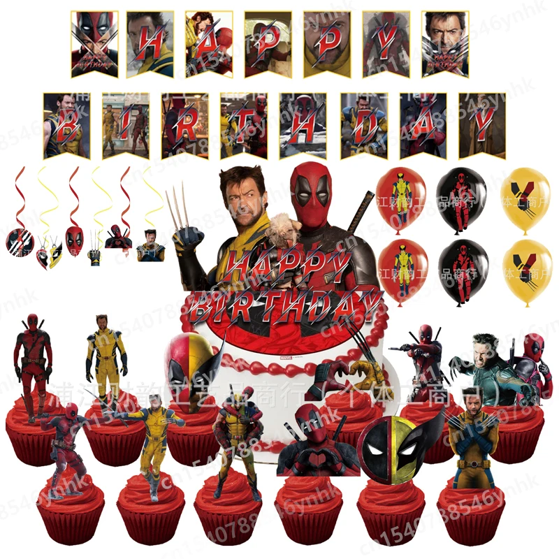 

New Deadpools Themed Party Decorations for Boy's Birthday Party Flag Cake and Spiral Balloon Decoration Set Children's Toys