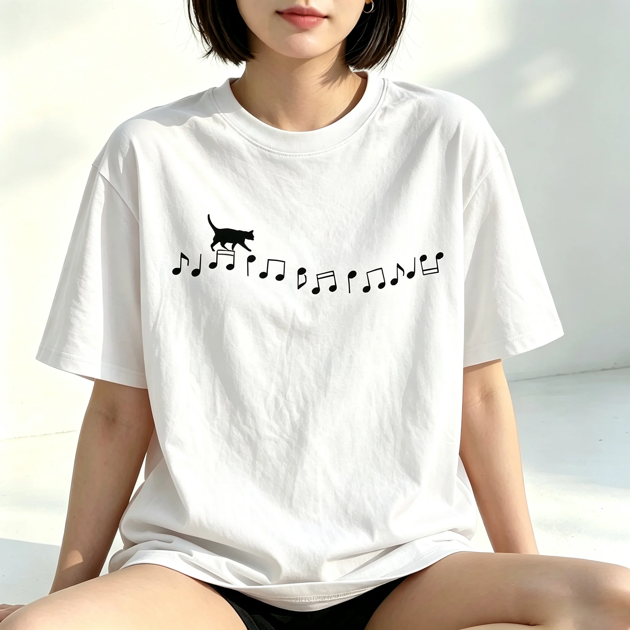Cat Walking On Music Notes Graphic T‑Shirt Cute Kitty Musical Print Short Sleeve Tee Aesthetic Animal Theme T‑Shirt