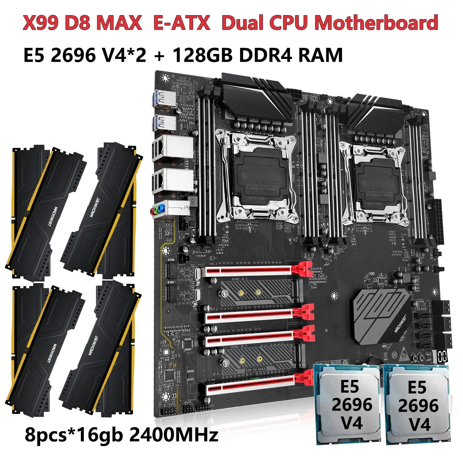 MACHINIST X99 D8 MAX Motherboard Set LGA 2011-3 kit Xeon E5 2696 V4 Dual CPU Processor 8*16=128GB DDR4 ECC RAM Memory NVME M.2