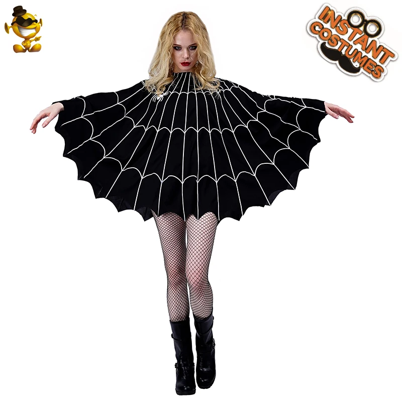 Spider Web Poncho Costume Women Halloween Purim Cosplay Black Cloak Ladies Fancy Dress Role Play Party Clothing