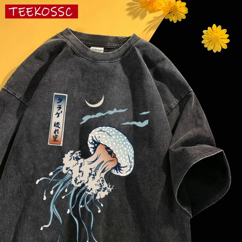 Quallen Unter Dem Mondlicht Druck Männer T-shirts Sommer Straße T-Shirt Beiläufige Lose Kleidung Weiche Baumwolle Männliche Gewaschen Tops