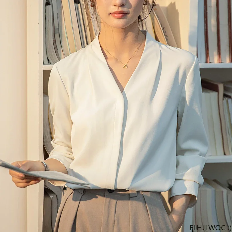 2024 Autumn Basic Chic Korea Fashion Top Office Lady Work Wear Women Single Breasted Button White Shirts Blouses