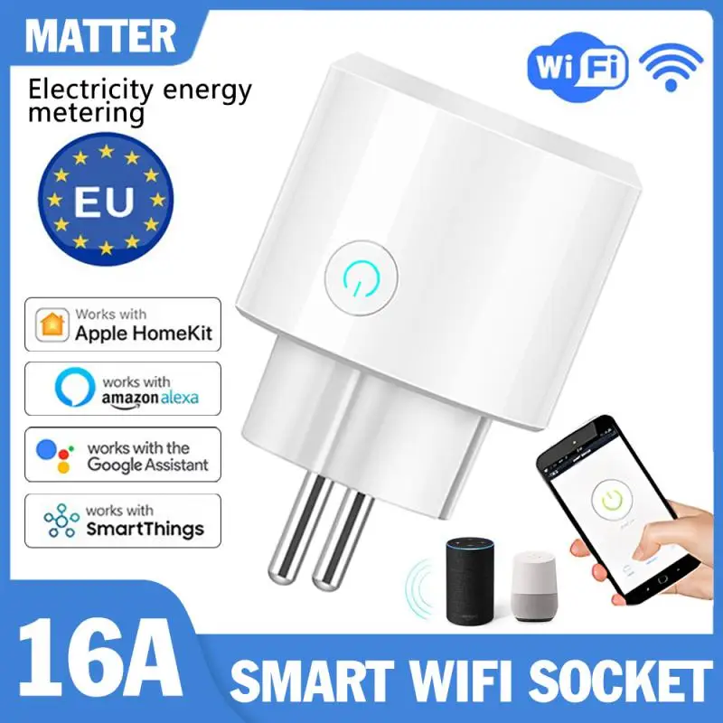 Matter 16A Electricity Energy Metering WiFi Smart Plug  EU Smart Socket Voice Control Works With HomeKit Alexa Home Smartthings