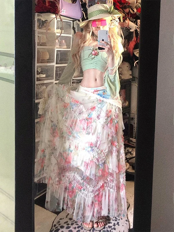 

Юбка в корейском стиле с сетчатыми вставками, пышная, А-силуэт, длинная, с принтом, кружевным подолом, на высокой талии, из эластичной ткани, для города и повседневной носки