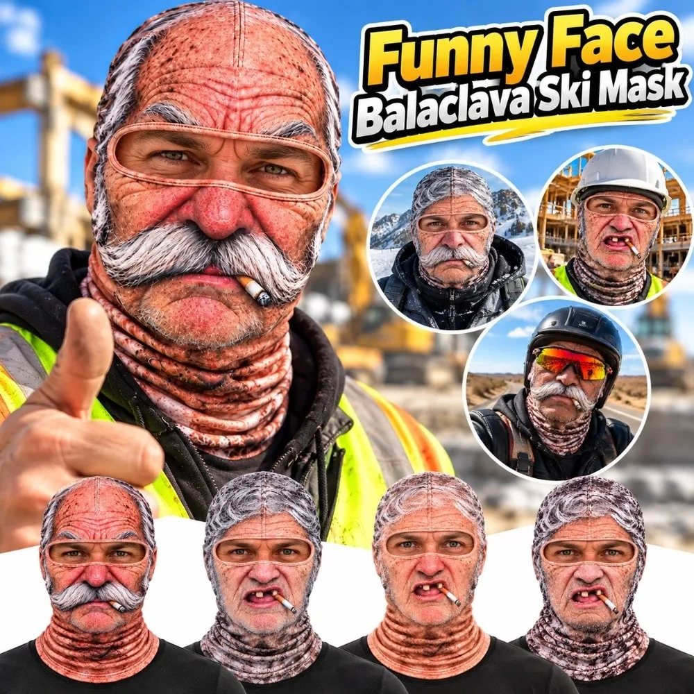 3D Face Printed Old Man Balaclava Face Mask White Mustache Elderly Man Funny Ski Mask Full Coverage Breathable Eye Hole