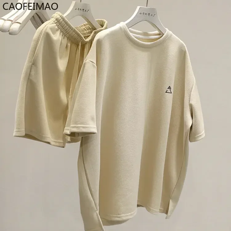 

Korean Style Chic Large Size Casual Sports Suit All-Match Simple T-shirt Short-Sleeved Women's Ins American Shorts Two-piece Set
