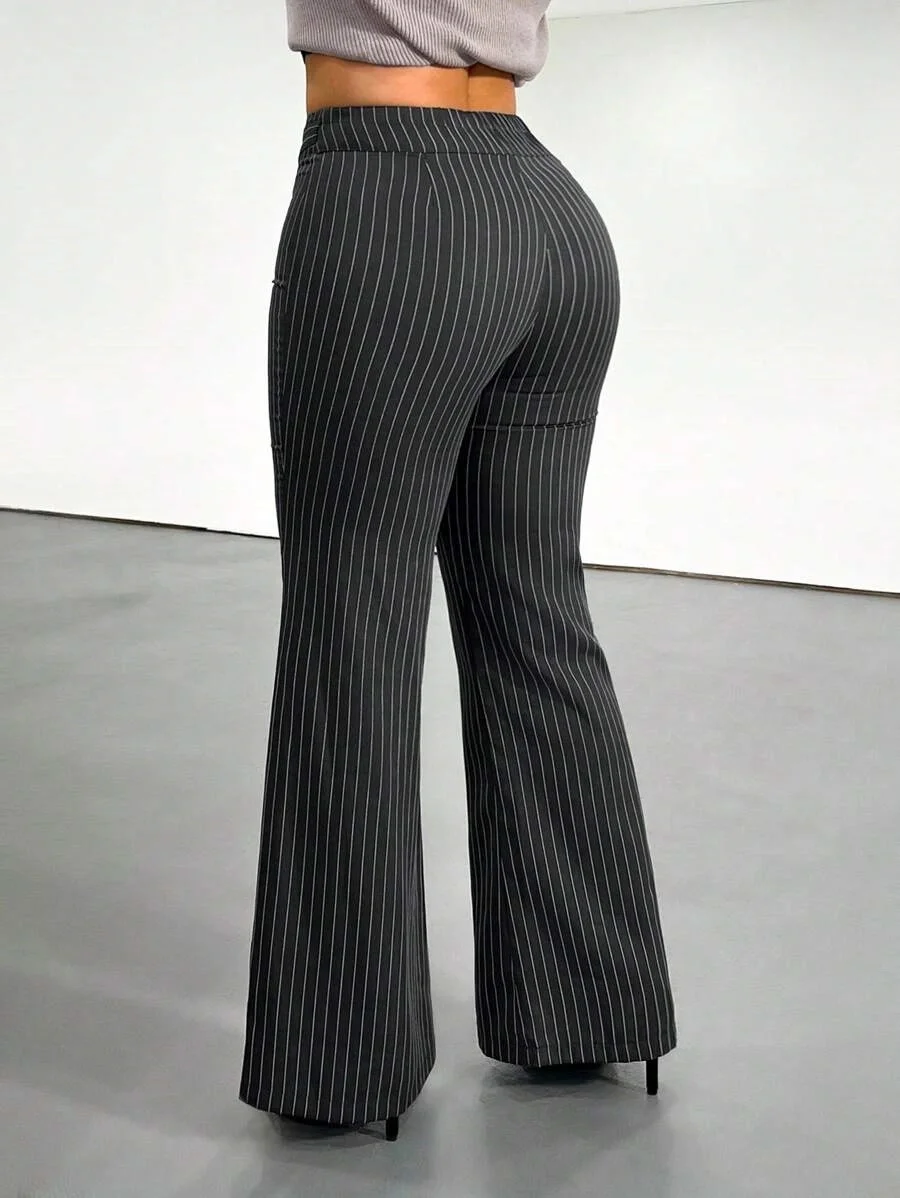 Women's Striped Trousers High Waist Flare Pants For Office Daily Wear All Season Slim Fit Bell-Bottom Formal Long Bottoms