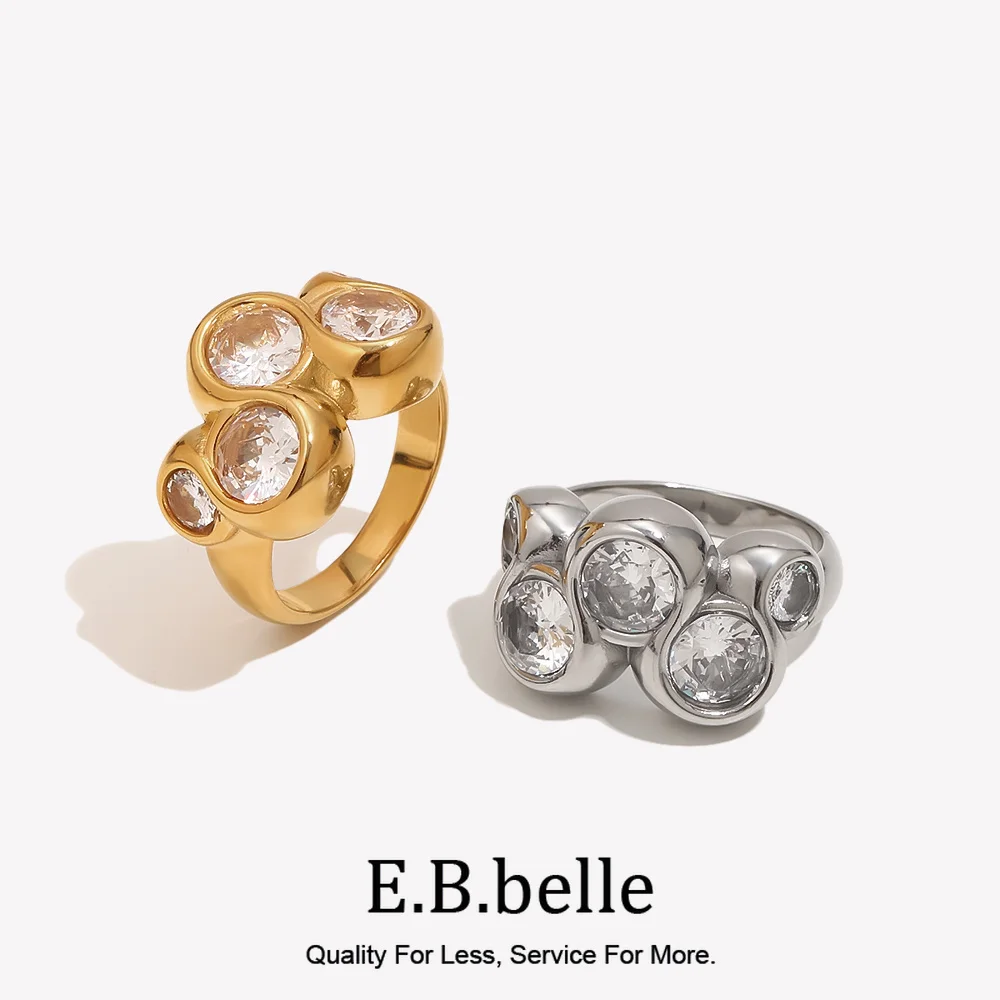 E.B.belle 18K vergoldete, polierte Multi-CZ-Ringe, wasserdichte Edelstahlringe für Damen, modische, elegante Schmuckaccessoires