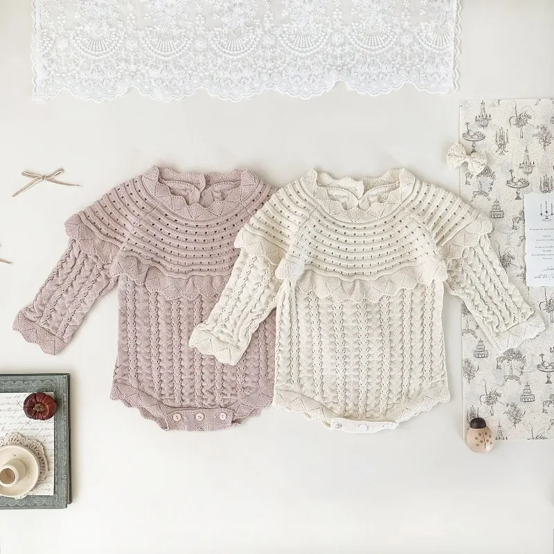 

Baby Girls Rompers 2025 Autumn Cute Knit One-Piece Round Neck Romper Drop-Shoulder Long Sleeve Lace Baby Jumpsuit