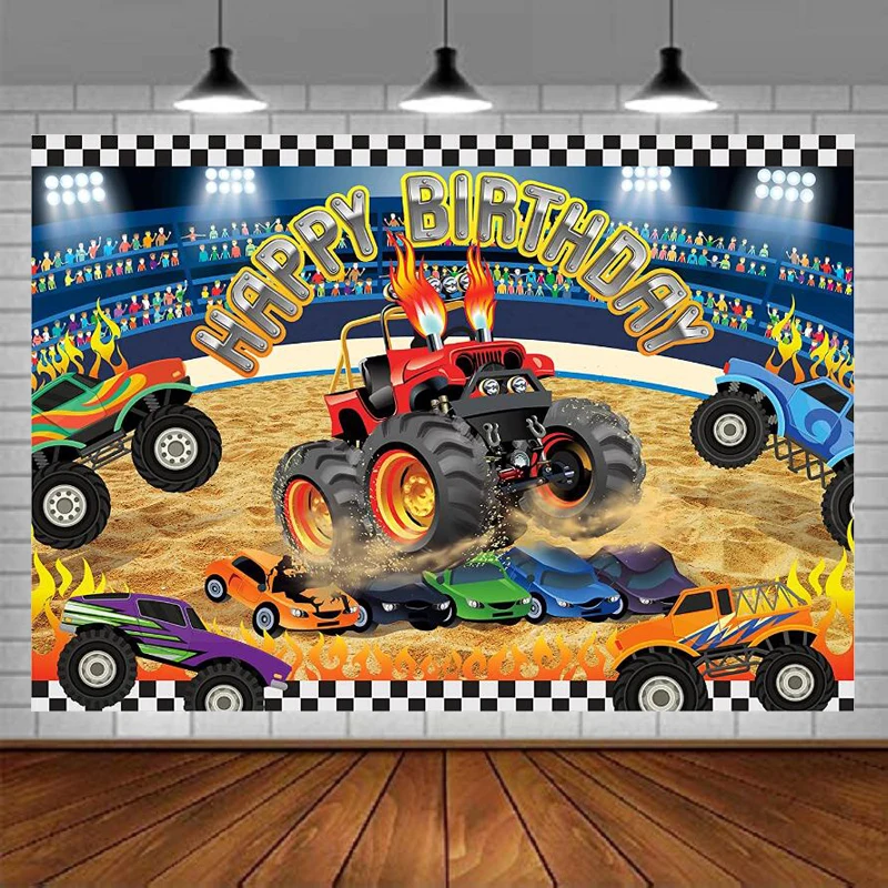 خلفية Monster Truck لحفلات أعياد الميلاد وسباق السيارات للأطفال والأولاد وسرعة المروحة وحفار القبر الرائع وعجلات كبيرة وخلفية لهب النار