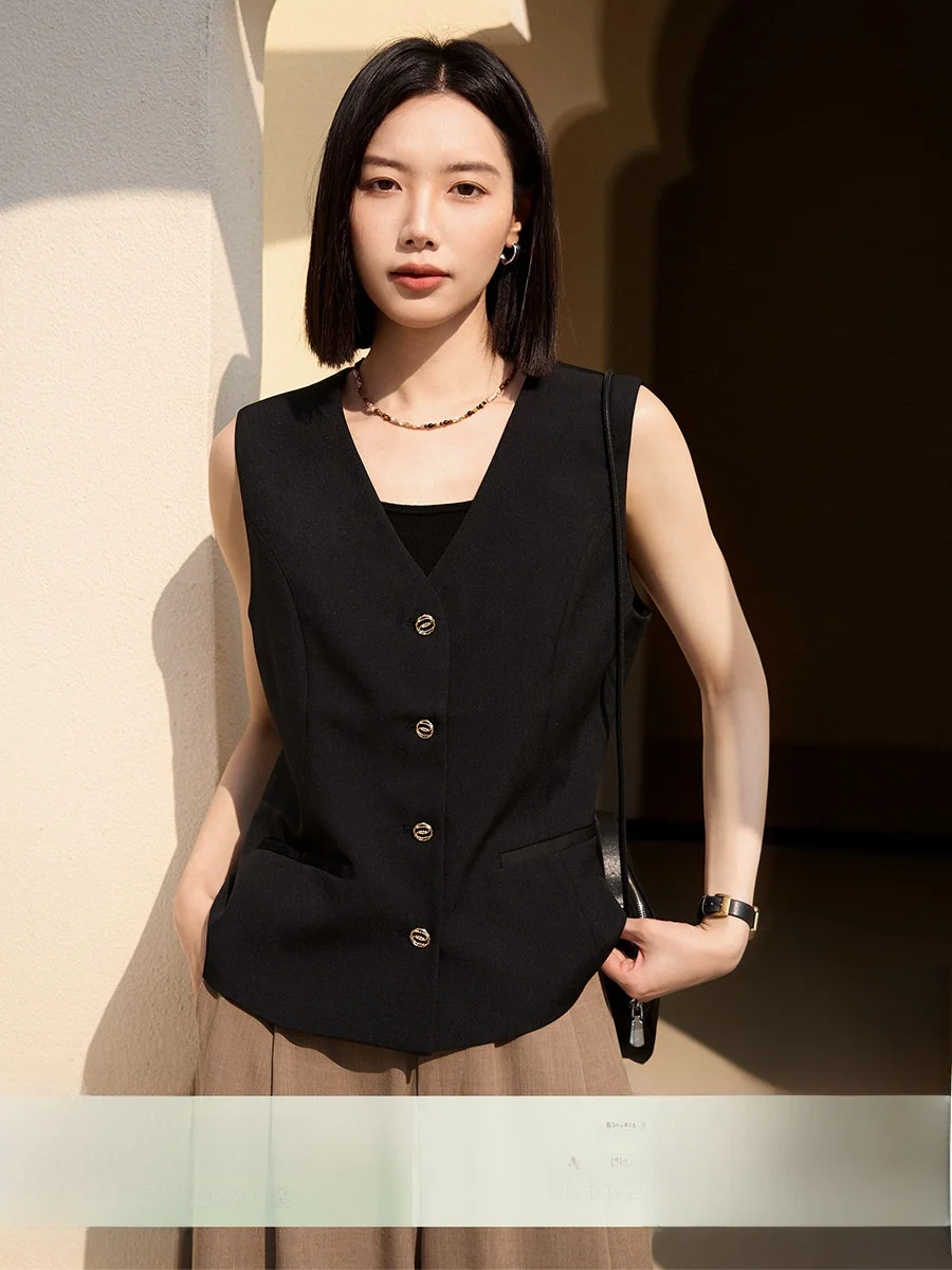 

Xhange Silk Tuxedo Vest Women's Retro British Style Fashion Satin Embroidery Design New Summer City Commuting V-neck Single B...
