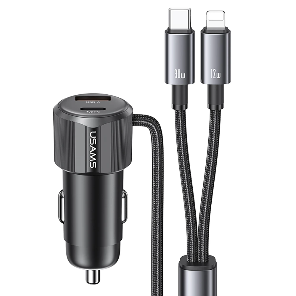 USAMS CC287 YT Series 66W USB وType-C شاحن سيارة مزدوج المنافذ مع كابل 2 في 1 (
