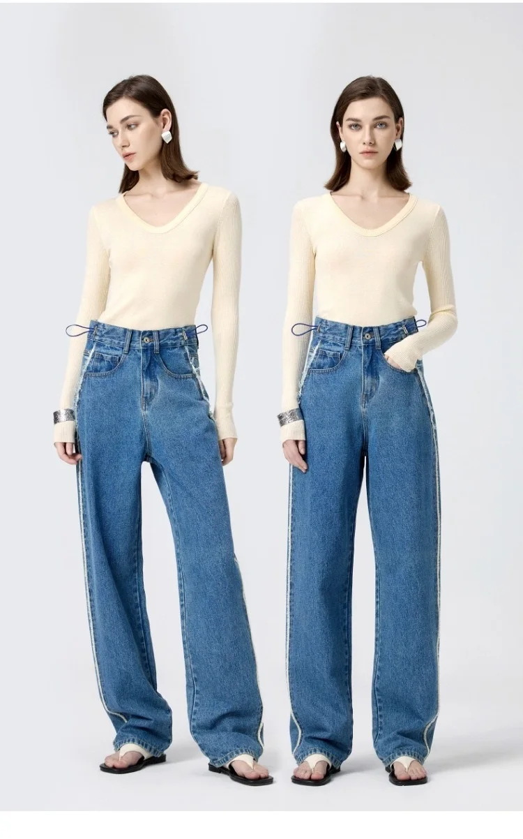 

Original Design Side Edge Splicing Wide Leg Straight Denim Pants for Women Loose High Waisted Jeans