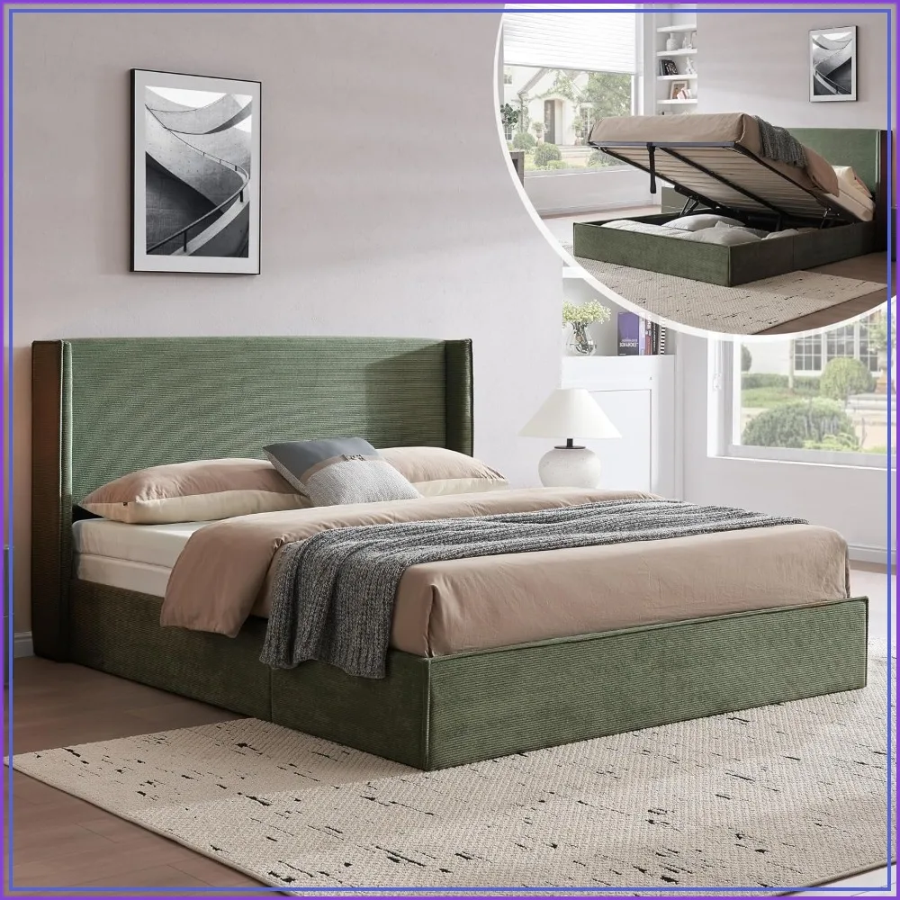 Queen Lift Up Storage Bed, Corduroy Platform Bed with Headboard, Turtle