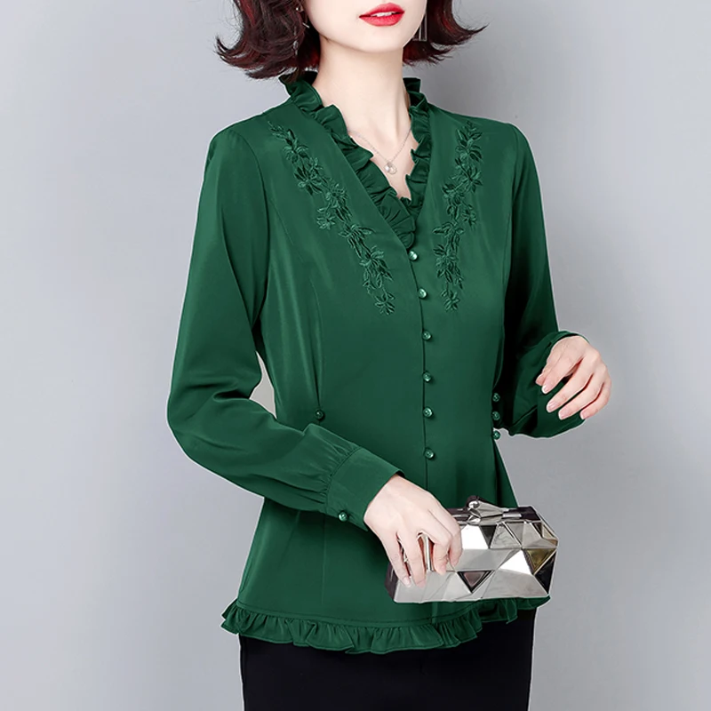 

Женская рубашка с v-образным вырезом, элегантная вышивка, длинный рукав, тонкая талия, повседневные топы, модные женские блузки 2025