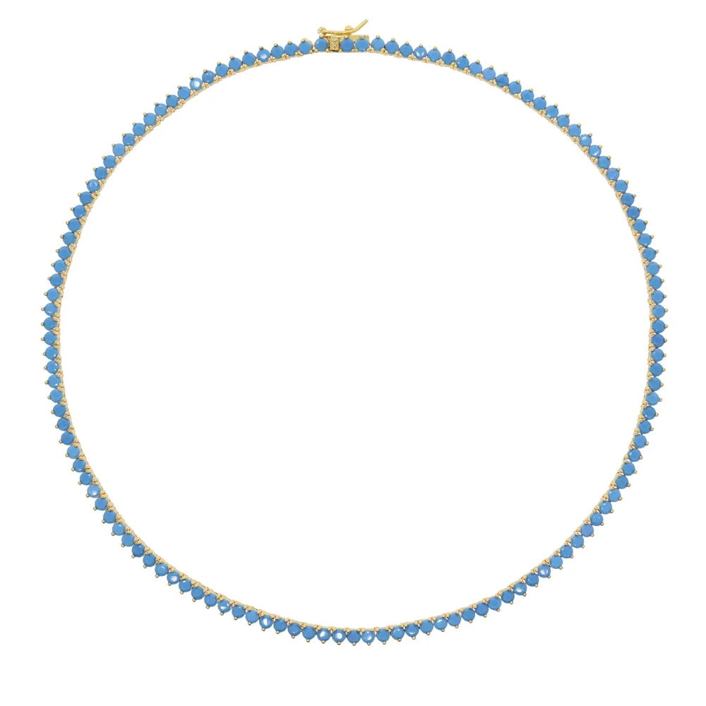 New Gold Color Round Turquoises Stone Paved Tennis Necklaces Prong Setting Cubic Zirconia Choker for Women Fashion Jewelry