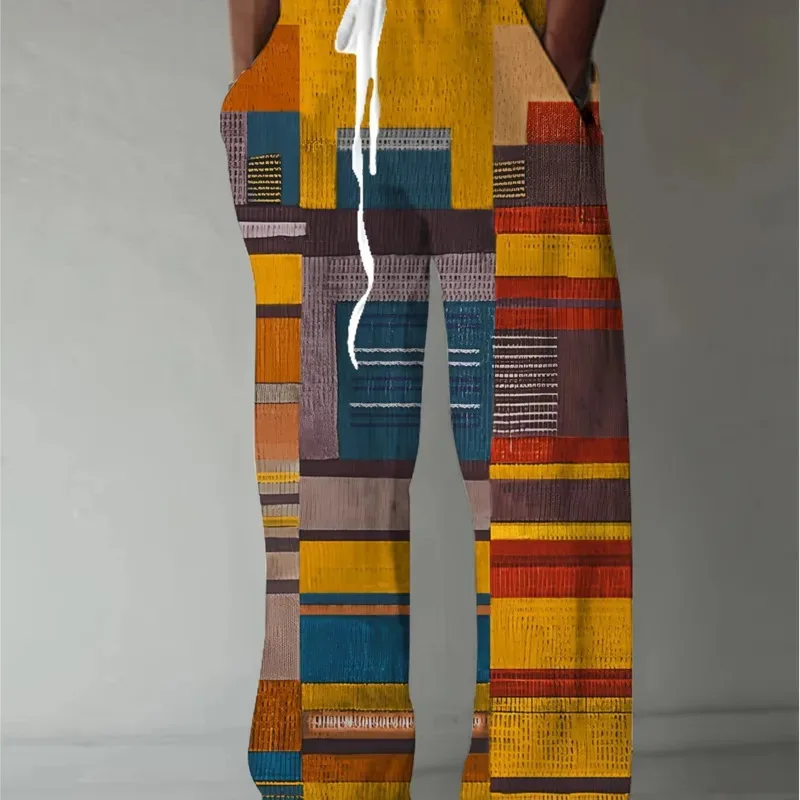 2025 الصيف الرجال الشاطئ سراويل تقليدية ريترو مطبوعة فضفاض مستقيم السراويل الرباط مطاطا الرجال الربيع ملابس خفيفة الوزن