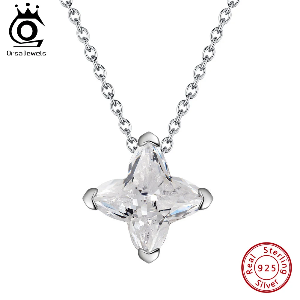 

ORSA JEWELS 5A Clear CZ Star Pendant Neck Chain with Genuine 925 Sterling Silver Rhodium Choker Chain for Women Jewelry SLZN20