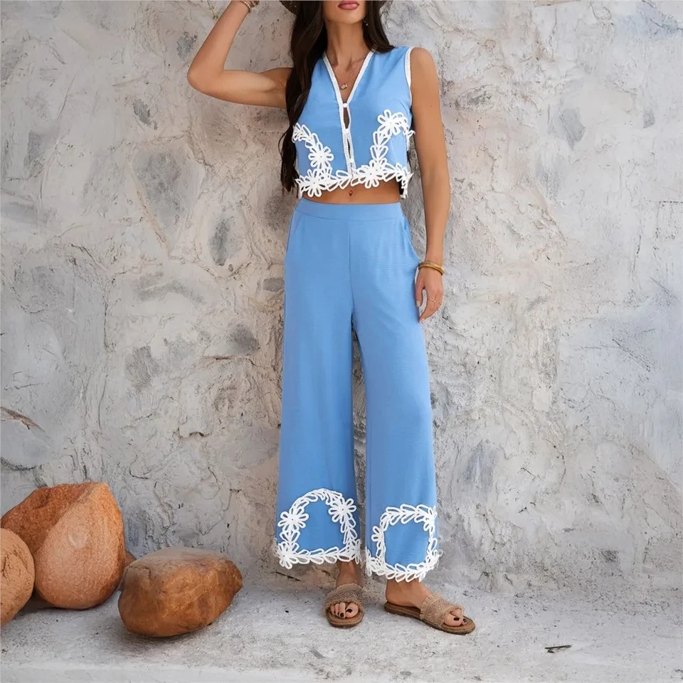 

Women's Casual Bohemian Holiday Vest Pant Suit Summer New Fashion Lace Patchwork Pant Loose Ladies 2 Piece Set 2025