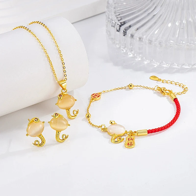 Chinese Zodiac Year of the Snake Necklace Blessing Red Rope Bracelet Earrings Cute Cat Eye Crystal 925 Silver Jewelry Set KOFSAC