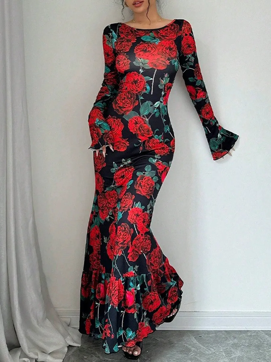 Abito lungo con stampa floreale rosa alla moda Abito lungo sottile a maniche lunghe con farfalla autunnale da donna elegante Abito da festa con collo slash da donna sexy