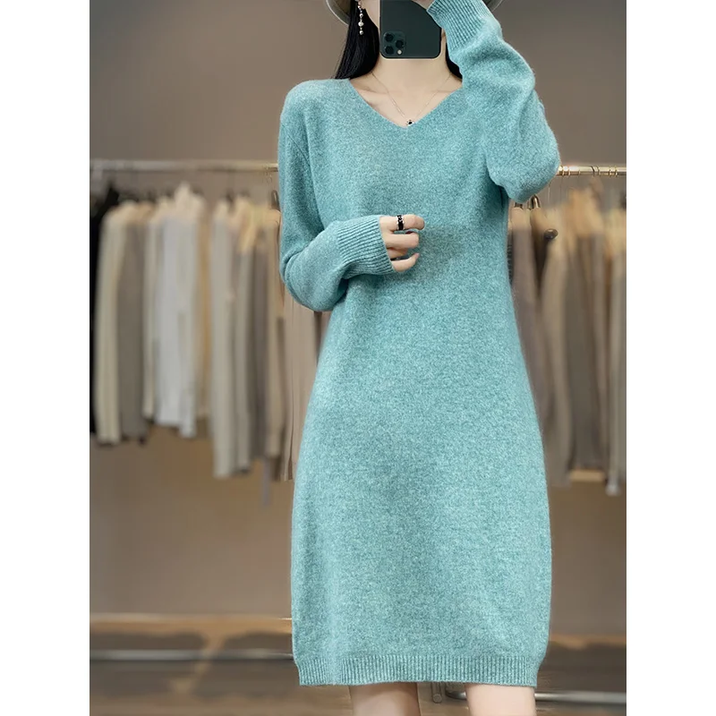

Elegant New Women Mid Length 100% Merino Wool Sweater Autumn Winter Casual Fashion Knitted Clothes V-neck Women Wool Dress