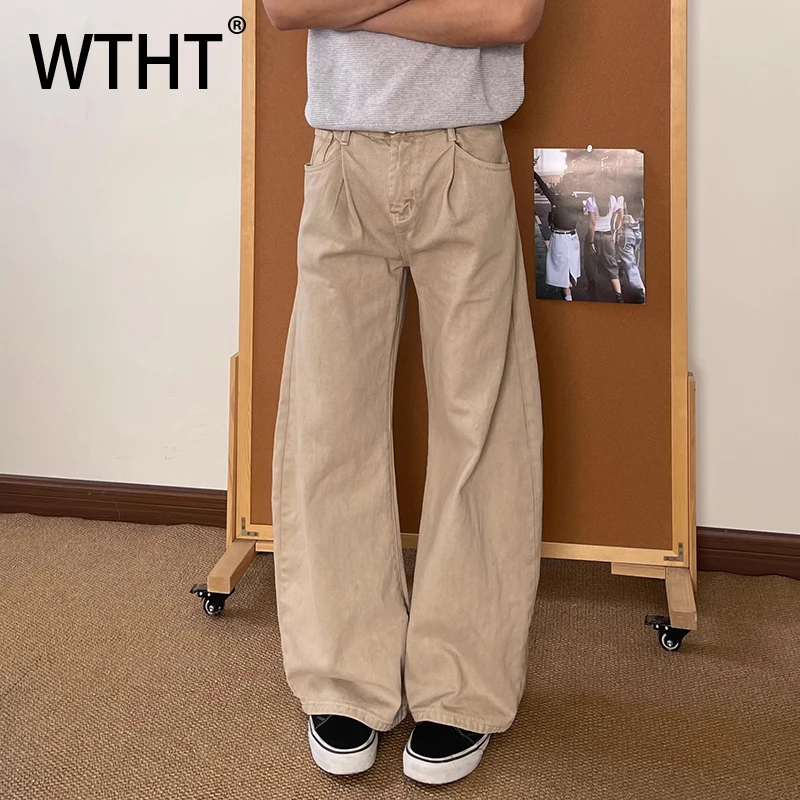 

WTHT Fashion Men's Solid Color Spliced Pleated Design Denim Pants Trendy American Style Straight Jeans Male 2025 Summer 2A1560