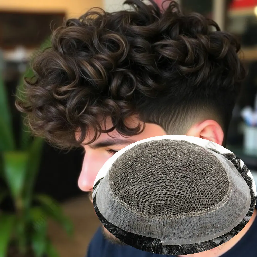 ذكر الشعر الاصطناعي 28 مللي متر الطبيعية مجعد أستراليا الشعر المستعار الرجال الدانتيل وقاعدة بولي PU وحدة نظام استبدال الشعر البشري الهندي الطبيعي