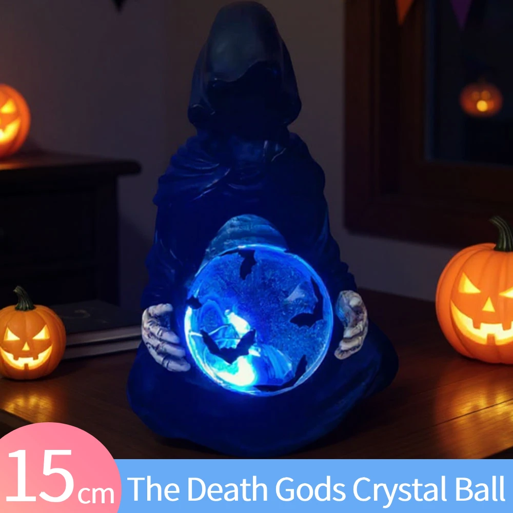 هالوين قاتمة ريبر تمثال الموت الآلهة كريستال الكرة مع الطائر الخفافيش كريستال الكرة قاتمة ريبر تمثال هالوين الديكور