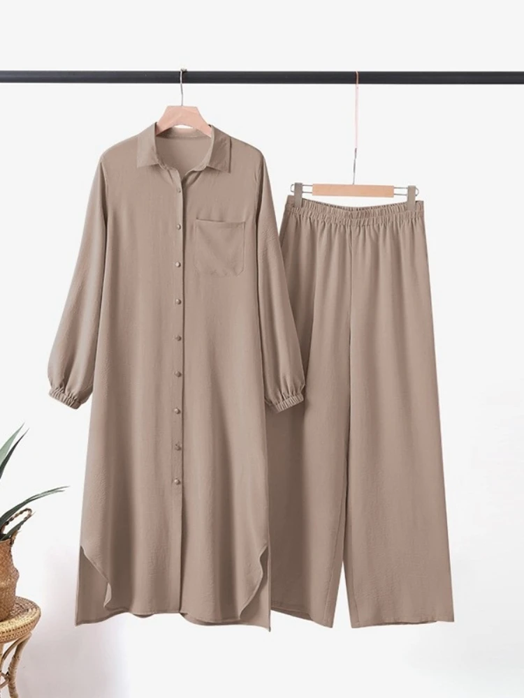 Casual Muslim Dress for Women Blouse 2 Piece Set Long Sleeve Shirt Pant Suits Saudi Arabic Dubai Button Up Dresses Autumn 2023