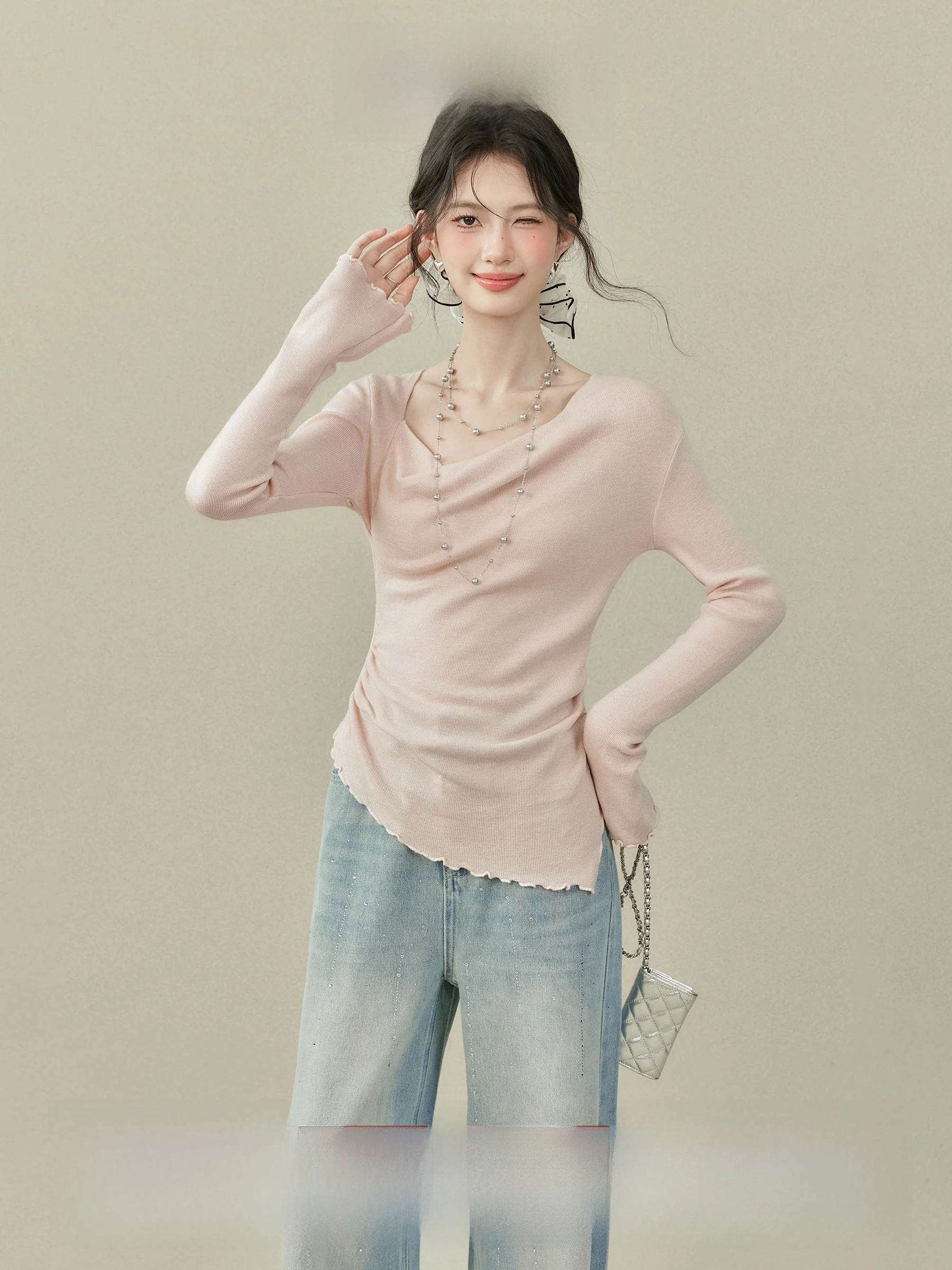 

Pink Knitted Long Sve Split Hem Top Casual Sle Slim Fit Women's Autumn Faion New Arrival Taotaonaifu