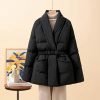 New Fashion Temperament Cotton Coat Women Winter Warm Solid Color V-neck Gathered Waist Jacket Coats Parkas with Belt 5