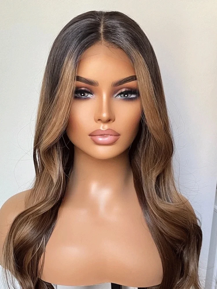 Heat Safe Synthetic Lace Front Wig With Black Roots and Bronzy Blonde Highlights 24 Inches Bouncy Wavy Wig For Women Realistic