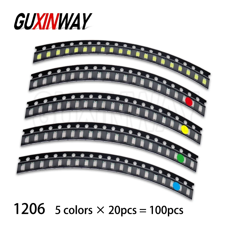 100 шт. 0603 0805 1206 3528 5730 5050 SMD светодиодный комплект светодиодов 5 цветов миниатюрный светодиод красный белый желтый зеленый синий
