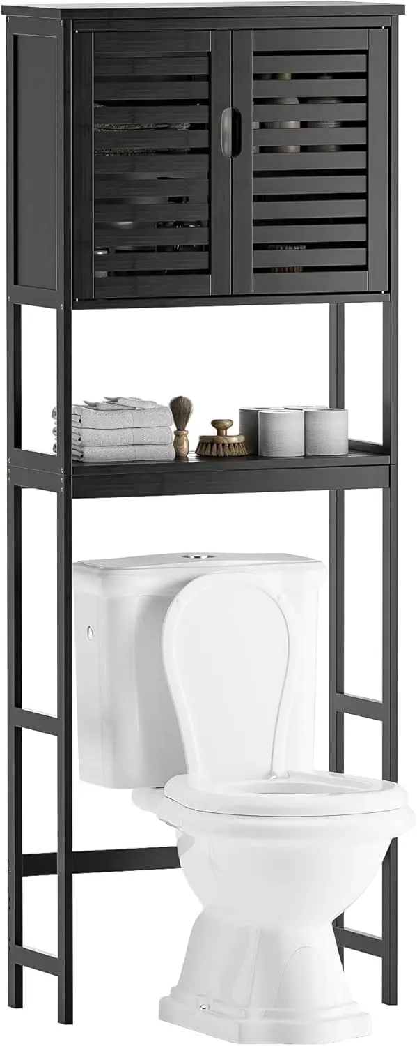 

Bathroom Over The Toilet Storage Cabinet, 2 Door Bamboo Cabinet Organizer, Freestanding Space Saver Toilet Rack with Adjustable