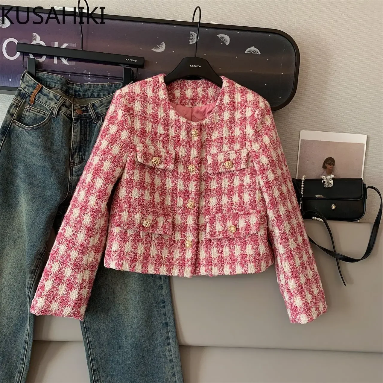 KUSAHIKI Tweed cappotto corto donna 2023 autunno coreano Hit Color Plaid giacca moda elegante o-collo monopetto Cardigan top