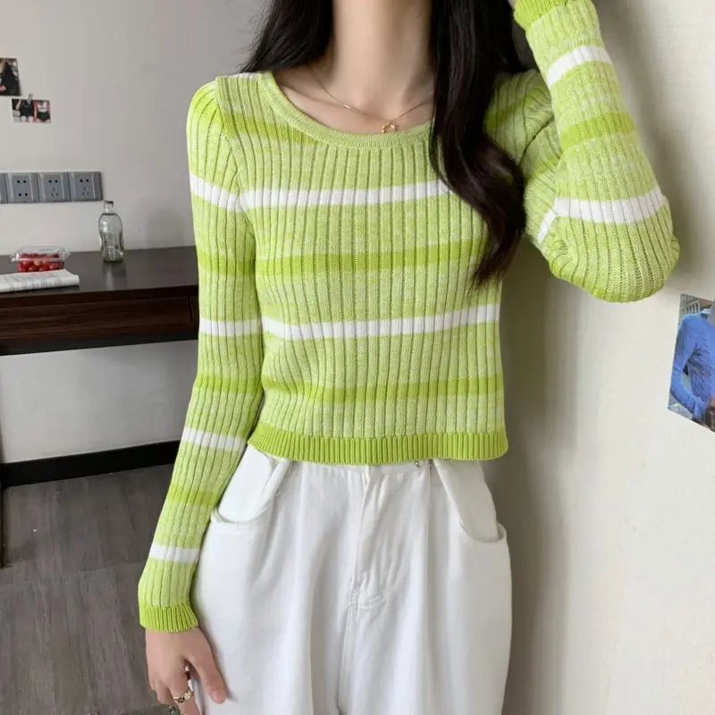 Autumn Women Korean Fashion Striped Sweet Chic Basic Knitted Sweater Y2K Female Casual O Neck Long Sleeve Slim Fit Pullover Tops