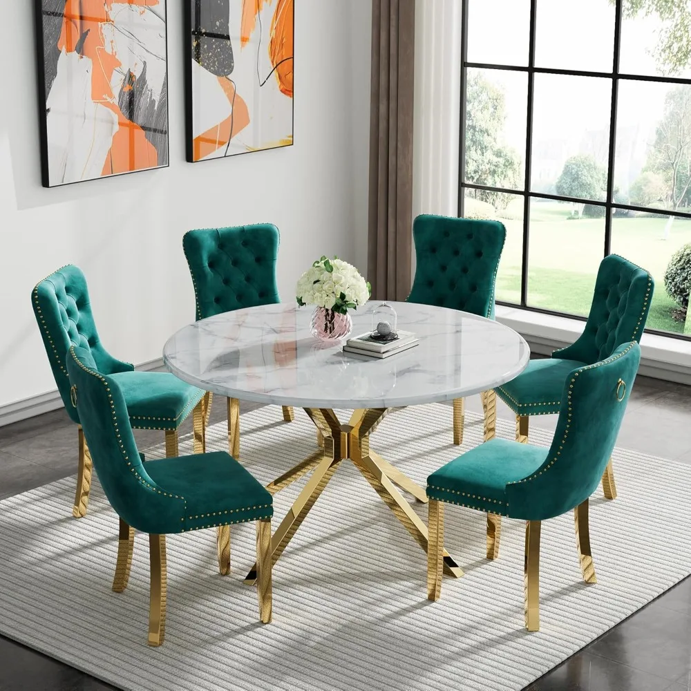 Modern 7-piece Round Marble Dining Table Set, Suitable for A 47 Inch Round Dining Table with 6 Plush Chairs