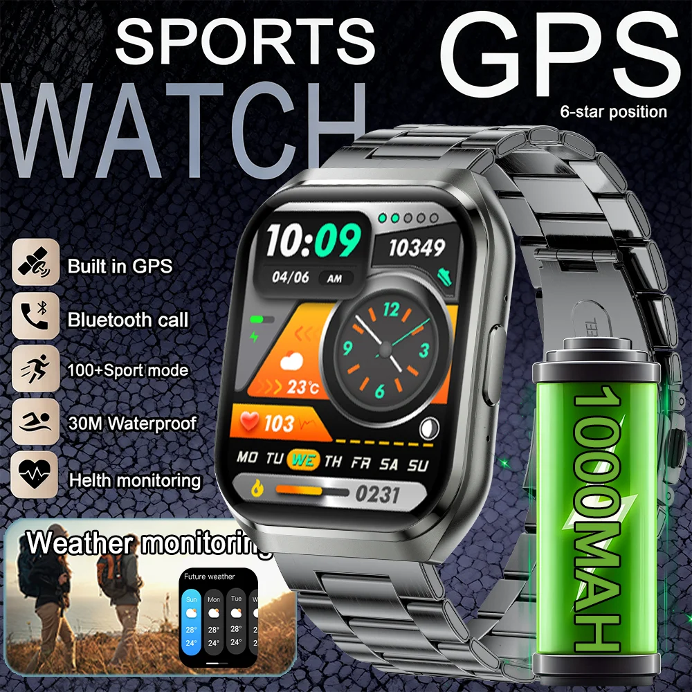 

2025 NEW 1000mAh large-capacity battery AMOLED Display Heart Rate Bluetooth Call GPS Track 3ATM Waterproof Sports Smart Watch
