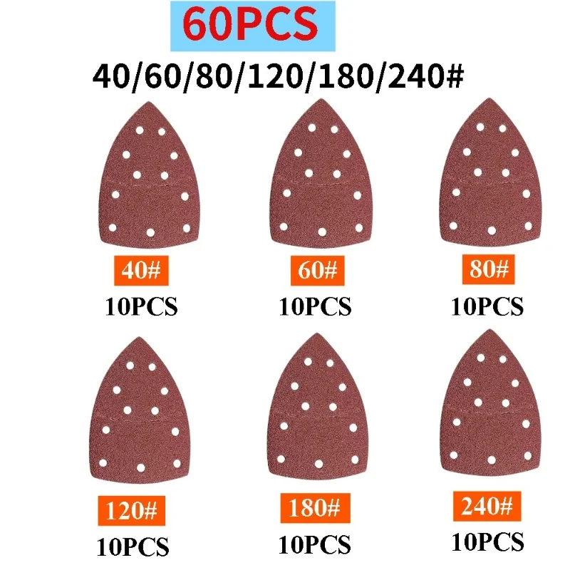 60 PCS Separable Sanding Sheets Triangular Sandpaper 11 Holes Hook Loop Sanding Disc 40/60/80/120/180/240 Grit
