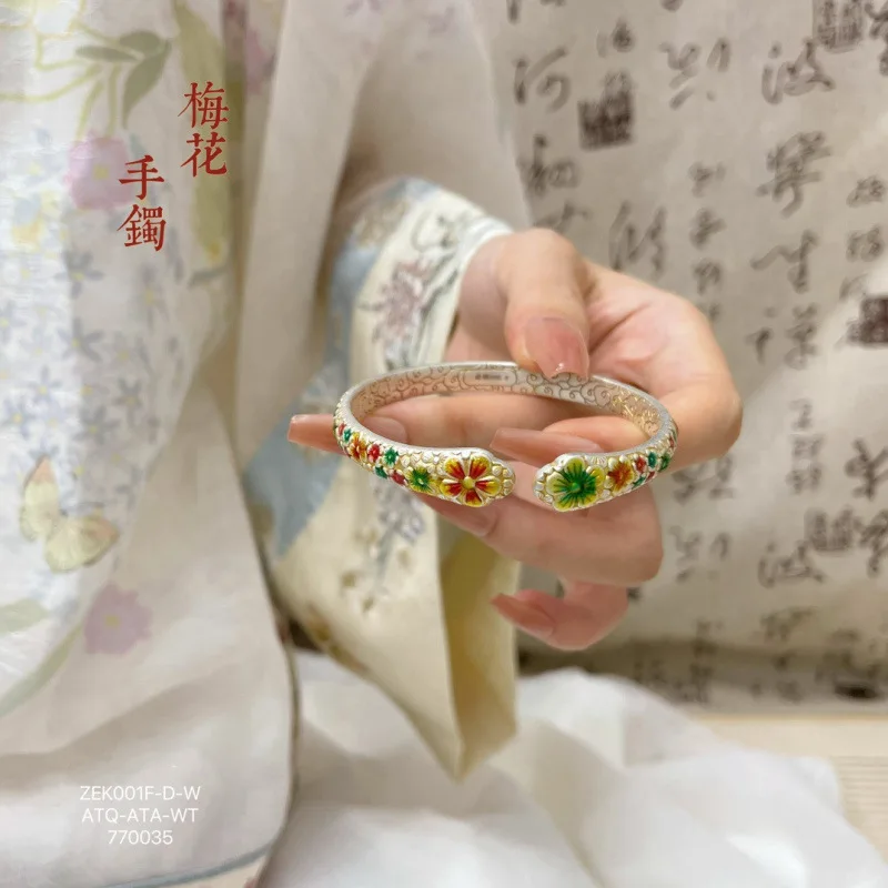 9999 Fashion Retro Enamel Gold-Painted Plum Blossom Xiangyun Matching Sterling Silver Bracelet