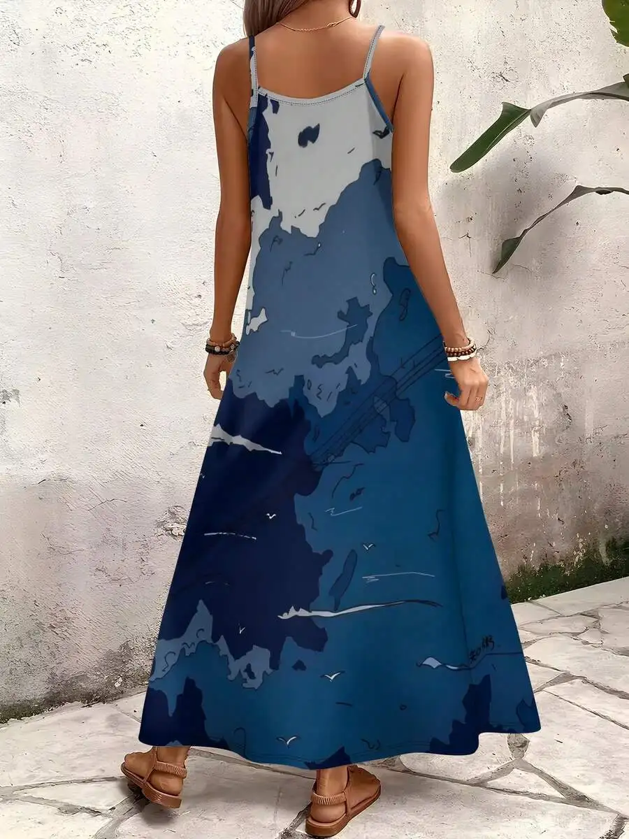 

Casual Backless Slip Dress With Abstract Print Summer Maxi Dress