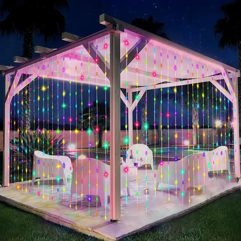 Hanging Lighting Holiday Solar Curtain Light LED String Lights 8 Lighting Modes Decor Outdoor Yard Pavilion Wedding Anniversary